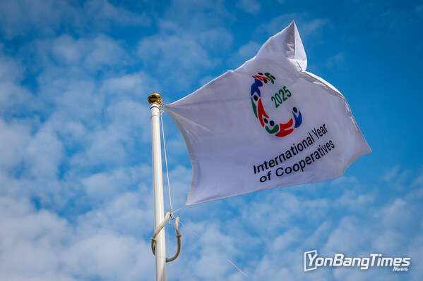 The UN 2025 International Year of Cooperatives (IYC) flag flying against a blue sky. The closing event of the IYC will take place during the second World Summit for Social Development in Doha, Qatar (4-6 November) (Photo: Co-operatives UK / Chris Foster Photography)
